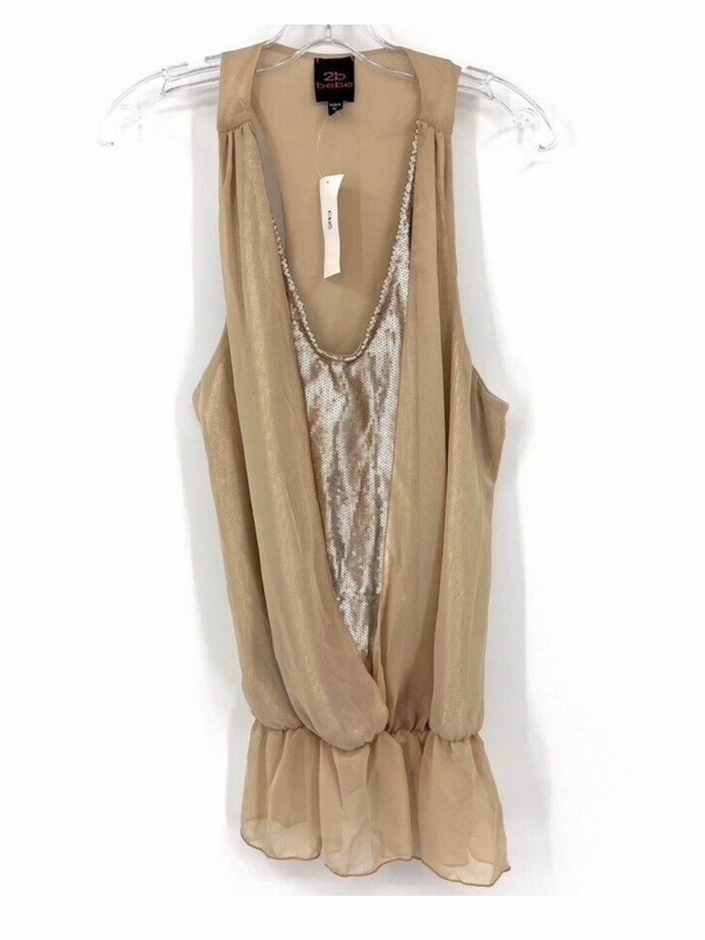 bebe Beige Draped Chiffon Camisole with Sequined Inner Panel